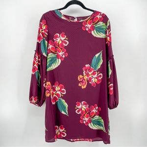 Loft Sheath Dress Burgundy Floral Swiss Dot Long Sleeves S